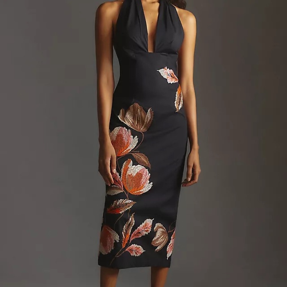 NWT Anthropologie Embroiderd Floral Halter Dress size 4 Petitie